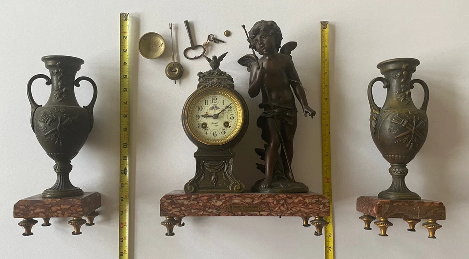 Antique French Bronze Marbel Mantel Clock With Angel Statue And 2 Vases - Image 4 of 4