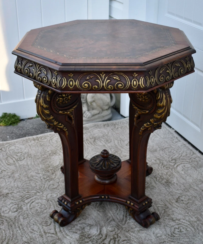 Старинный итальянский ренессансный стиль резной и инкрустированный ореховый центральный стол с золотом - Изображение 3 из 4