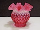 FENTON CRANBERRY OPALESCENT HOBNAIL  4-1/2" HIGH VASE w/ DOUBLE CRIMPED RIM **