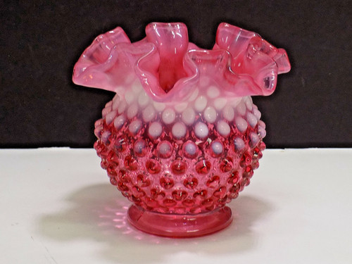 FENTON CRANBERRY OPALESCENT HOBNAIL  4-1/2" HIGH VASE w/ DOUBLE CRIMPED RIM