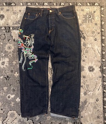 Y2KEd Hardy Men's Dark Blue Denim Jeanswith Colorful Tiger and Snake Embroidery,