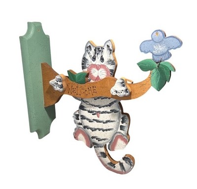 Cat Welcome Sign Wooden Tree Limb Bird Tole Paint Vintage 18'' Large White Black