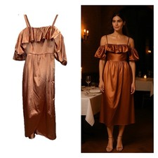 ULLA JOHNSON Lelita dress midi satin copper 8 off shoulder cocktail NWT formal