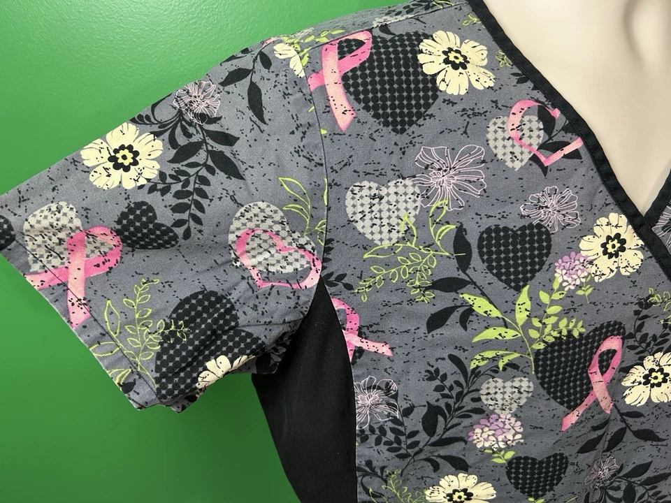 BREAST CANCER AWARENESS Women's Scrub Top Medium Black/Gray Nurse Medical - Image 4 of 4