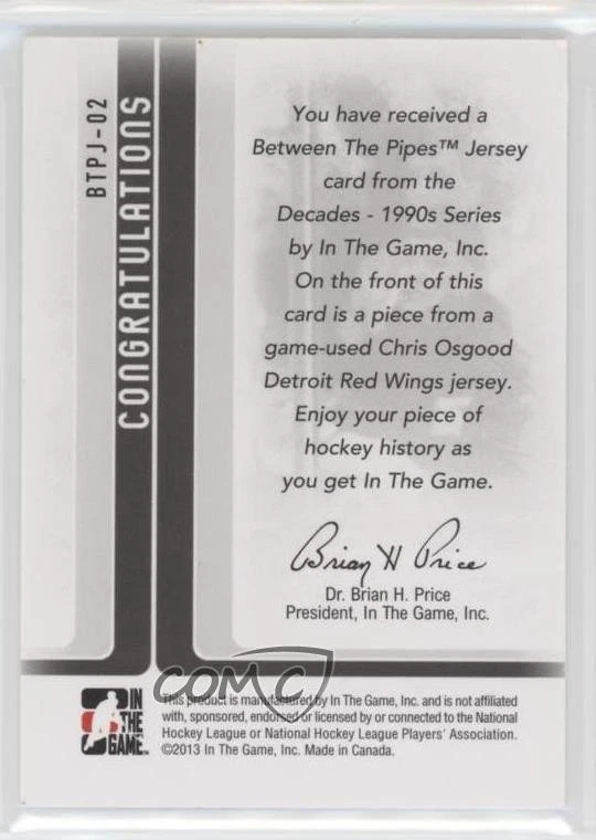 2013 ITG Decades 1990s Between the Pipes Jersey Black /80 Chris Osgood #BTPJ-02 - Image 2 of 2