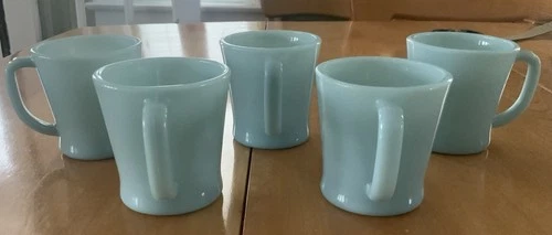 Set of 5 Vintage Fire King Turquoise Blue "Delphite"  D Handle Coffee Mugs