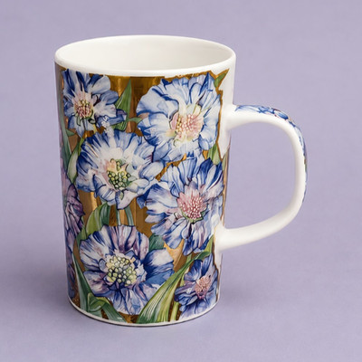 Dunoon Scotland Bone China Mug Scabiosa Flower Blue Gold Suffolk Tea Coffee Cup