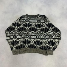 Vintage Abstract Knitted Jumper Patterned Grandad Knit Sweater Men's L