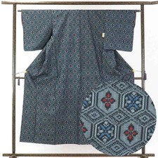 Recycled Silk Tsumugi Kimono Gray Kikk  Pattern Lined S