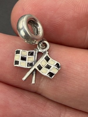 Authentische Pandora Sterlingsilber Finish Line Karierte Flagge Dangle Charm selten