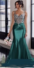 Teal Beaded Satin Mermaid Evening Dress Sleeveless Sweetheart Long