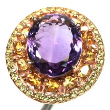 925 Sterling Silver 15 x 19mm. Purple Amethyst, Citrine  Peridot Ring Size 8.25