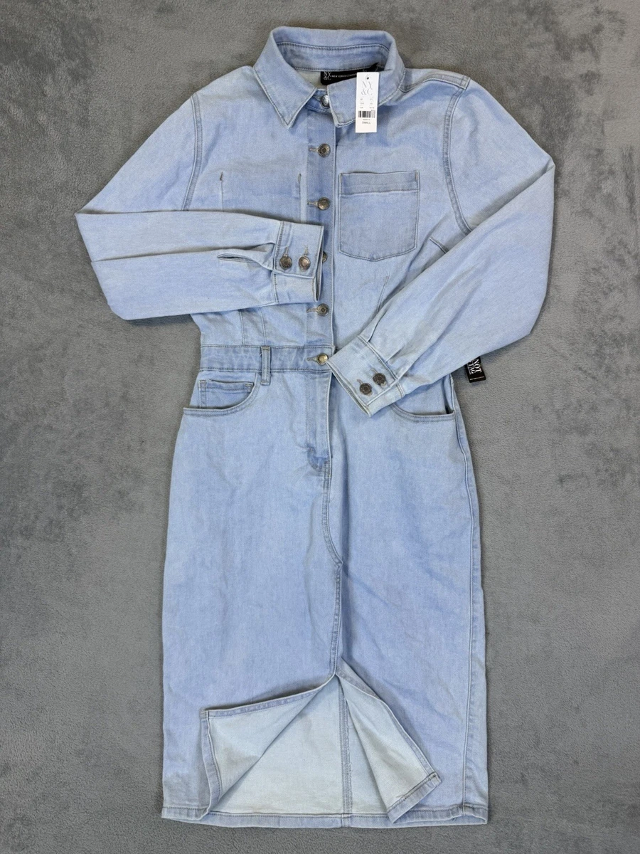 new york and company denim dress New York & Company Denim Sheath Dress W/Sash