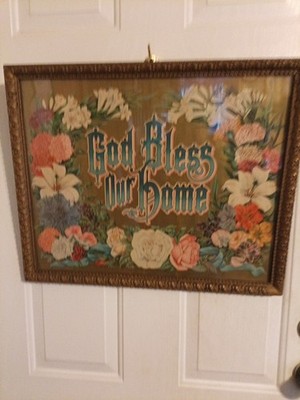 ANTIQUE VTG GOLD FRAMED GOD BLESS OUR HOME PICTURE 23 By 18 In