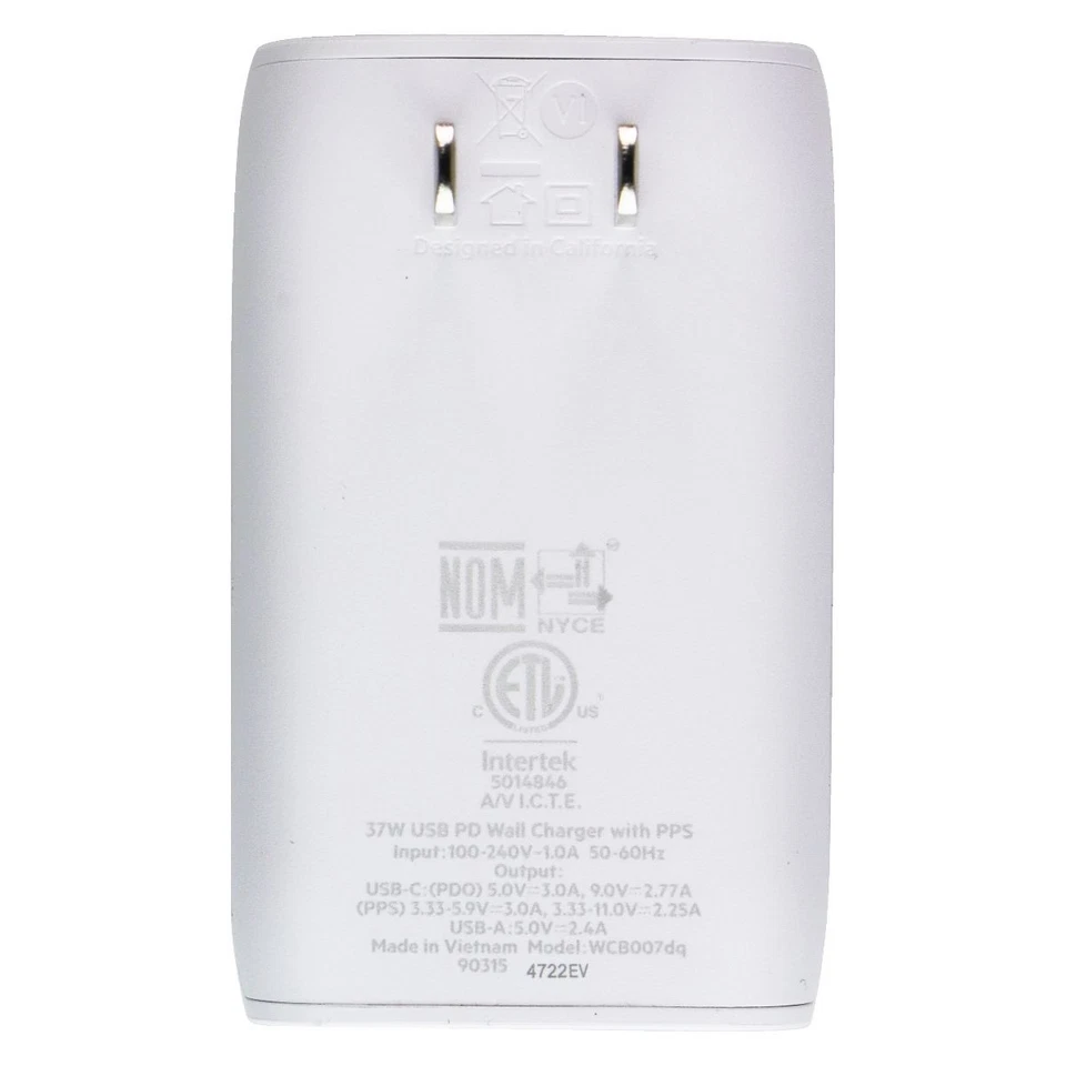 Belkin BoostCharge двойной USB-C/USB-A 37 Вт настенное зарядное устройство с кабелем USB-C - белый - Изображение 3 из 4