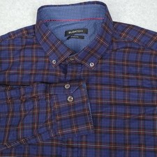 Bugatchi Dress Shirt Men's XXL Blue Plaid Window Pane Shaped Fit Flip Cuff