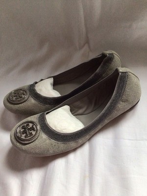 Tory Burch Ballerinas grau silber metallic flach elastischer Rücken Größe UK 5,5
