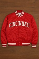 Red Satin Retro Varsity Jacket Cincinnati | Unisex City Baseball Style Coat