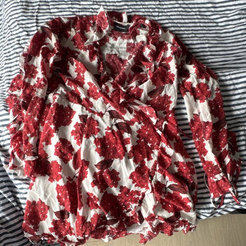 The Kooples Floral Wrap Dress Ruffle V-Neck Tie Long Sleeve Red White Size 3