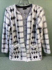 Janice Apparel Women’s One Size Argyle Diamonds Fuzzy Cardigan Sweater Pockets