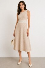Zara Combination Textured Weave Midi Dress   Ecru/Brown  Size M  NWT