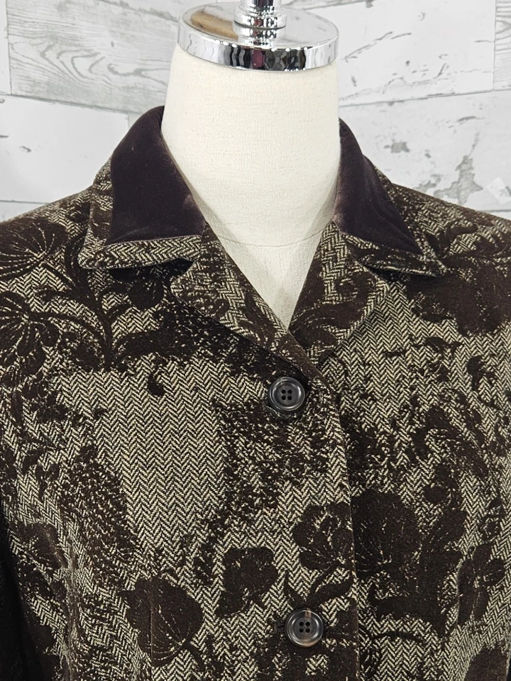 Traje floral Kasper mezcla de lana tweed terciopelo marrón para mujer 8 negocios carrera Foto 3 de 4