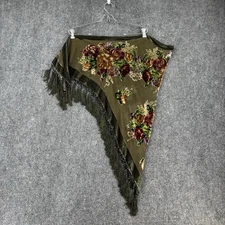 B&B Sheer Green Velvet Burnout Silk Blend Scarf Dark Floral Beaded Quiet Luxury