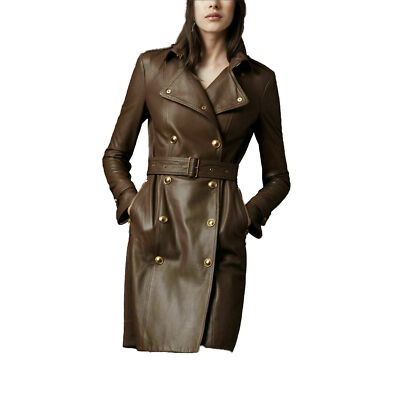 Modisch Brown Damen Echtleder Langer Mantel Echt Lammleder mit Gürtel Trenchcoat