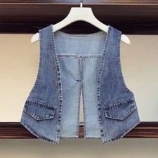 Damen Denim Jeans Weste Waistcoat Ärmellos Kurz Casual Blauw