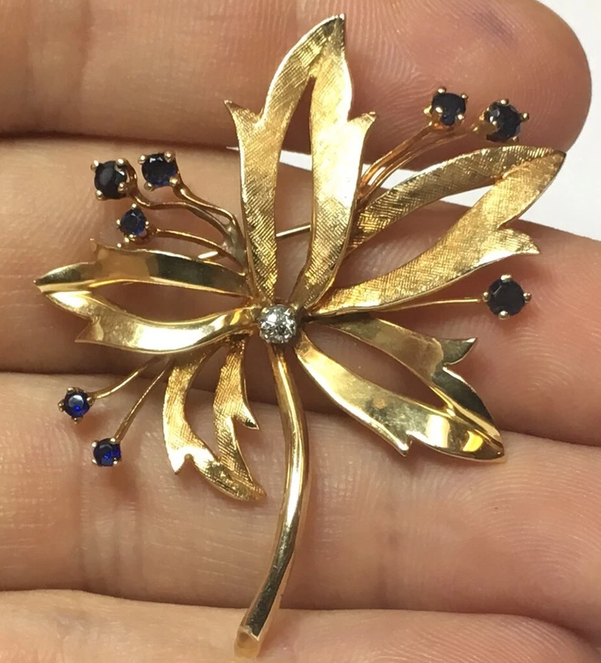 GRAN BROCHE PRENDEDOR COLGANTE HOJA DIAMANTE Y ZAFIRO ORO AMARILLO 14K VINTAGE