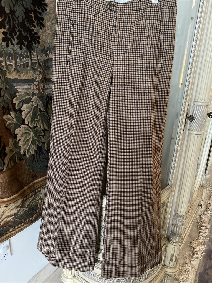 NUEVO Balenciaga Paris Marrón Cuadros Pantalones Lana Talla 44 Piernas Anchas Hecho en Italia