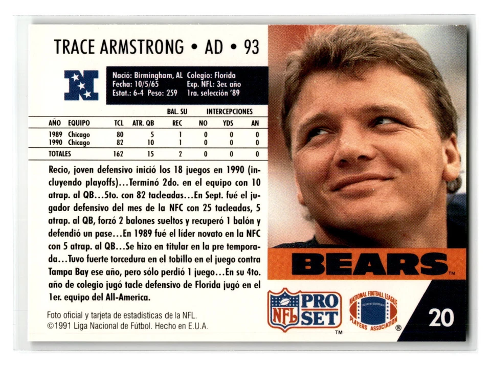 1991 Pro Set Spanish - #20 - Trace Armstrong - Chicago Bears - Image 2 of 2