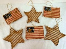 Patriotic/Flags-Stars/Tree Ornaments/Primitive/Farmhouse/ Set of 6/Grunged