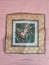 Vtg Chinese Silk Embroidered Square 10.5" x 10.5" Floral/Cricket Textile Panel