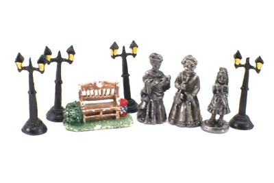 95IRS Pewter Miniature FIGURINES Set of 8 People Street Lights Bench Accessories