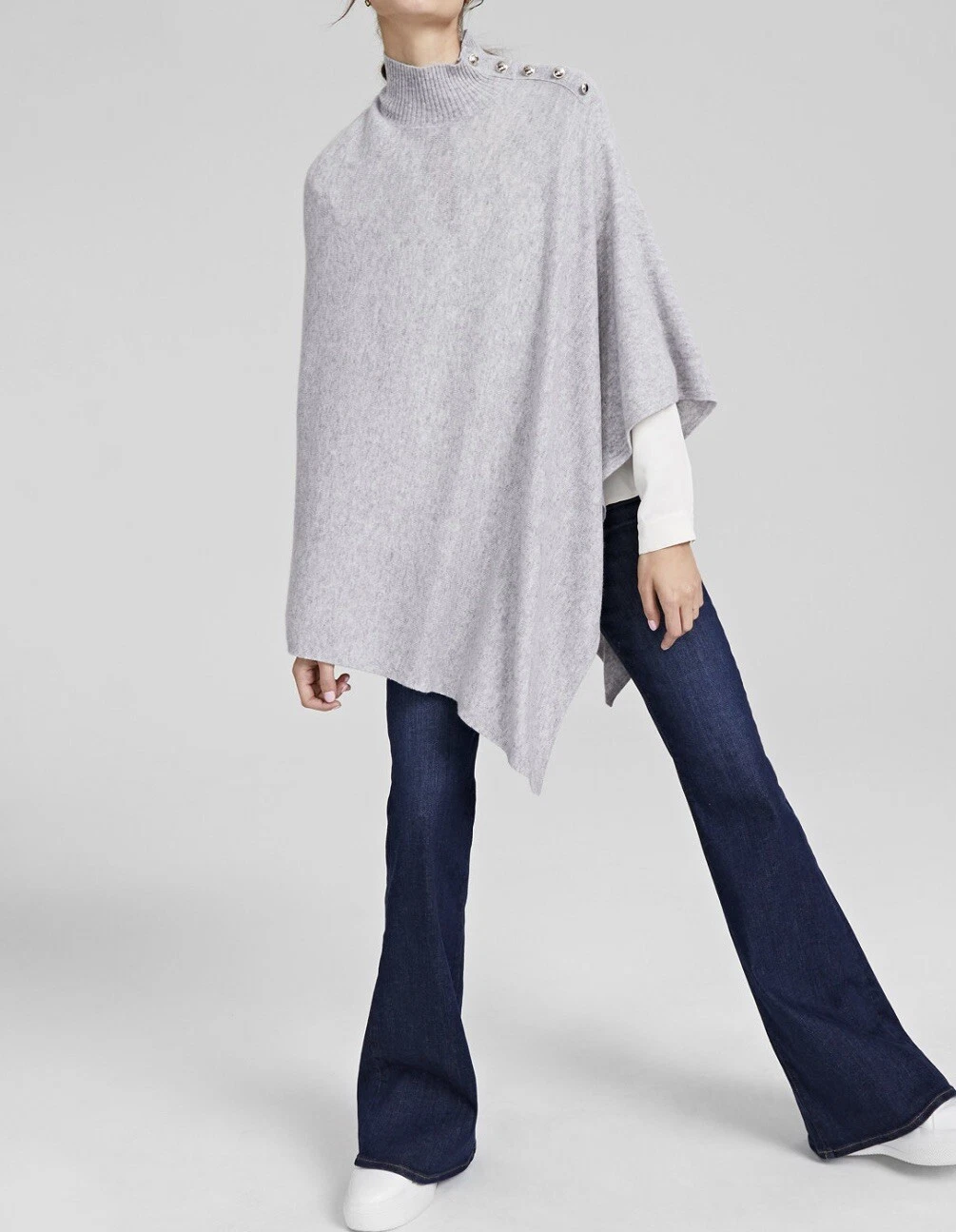Charter Club Women's 100% Cashmere Turtleneck Poncho, Gray Gold Buttons
