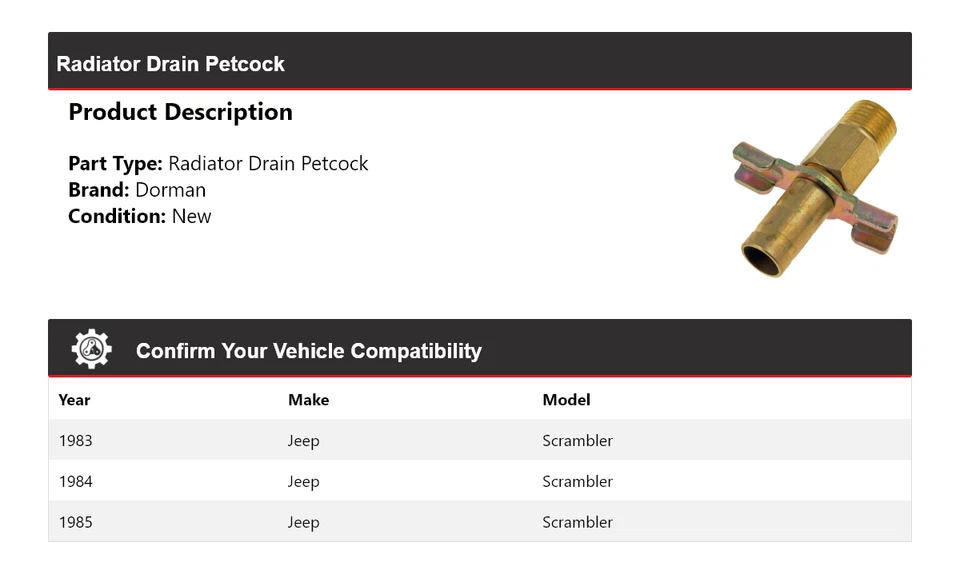Para Jeep Scrambler Dorman 1983-1985 Radiador Drenaje Petcock 1984 Foto 2 de 4