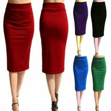 Women Thick Knit Pencil Skirt Knee Length Office Work Stretch Elastic High Waist