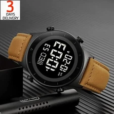 Luxury Digital Watch Leather Strap Waterproof  Casual Stopwatch Alarm Backlight