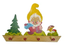 Child 4 Hook Rack Hanger Vtg Gnome Pixie Elf Mushroom Toad Stool Painted Wood