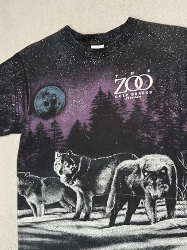 Gulf Breeze Florida ZOO Vtg AOP Single Stitch Wildlife Nature Wolves T Shirt -M - Picture 9 of 15