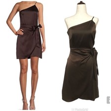 GIANNI BINI One Shoulder Mini Dress Size 0 Brown Satin Cocktail Wedding Formal
