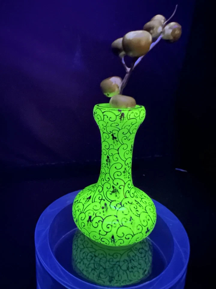 Antique Hand Blown Semi-Opaque Pale Grn Art Glass Strong Uranium Glow SS Overlay - Image 3 of 4