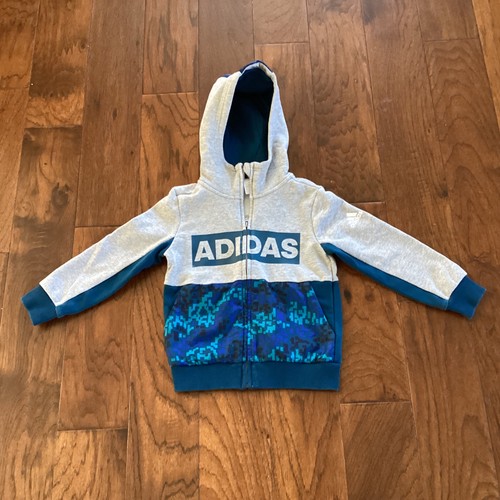 Adidas Youth boys Gray/Blue Full Zip Hooded Track Jacket Size 6/7 or120cm-EUC