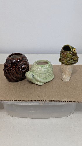 Vintage Ceramic Watering Spikes Set Of 3 Frog Turtle Snail Signed 1983 (See) 