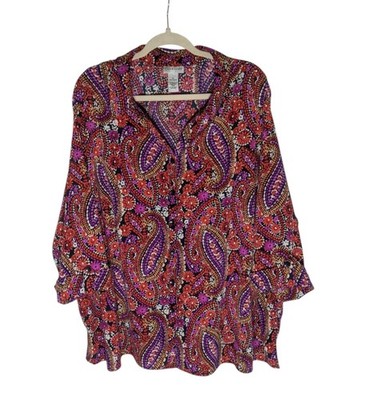 Catherines Paisley Button-Down Blouse Plus 3X Roll Tab V-neck Office Summer