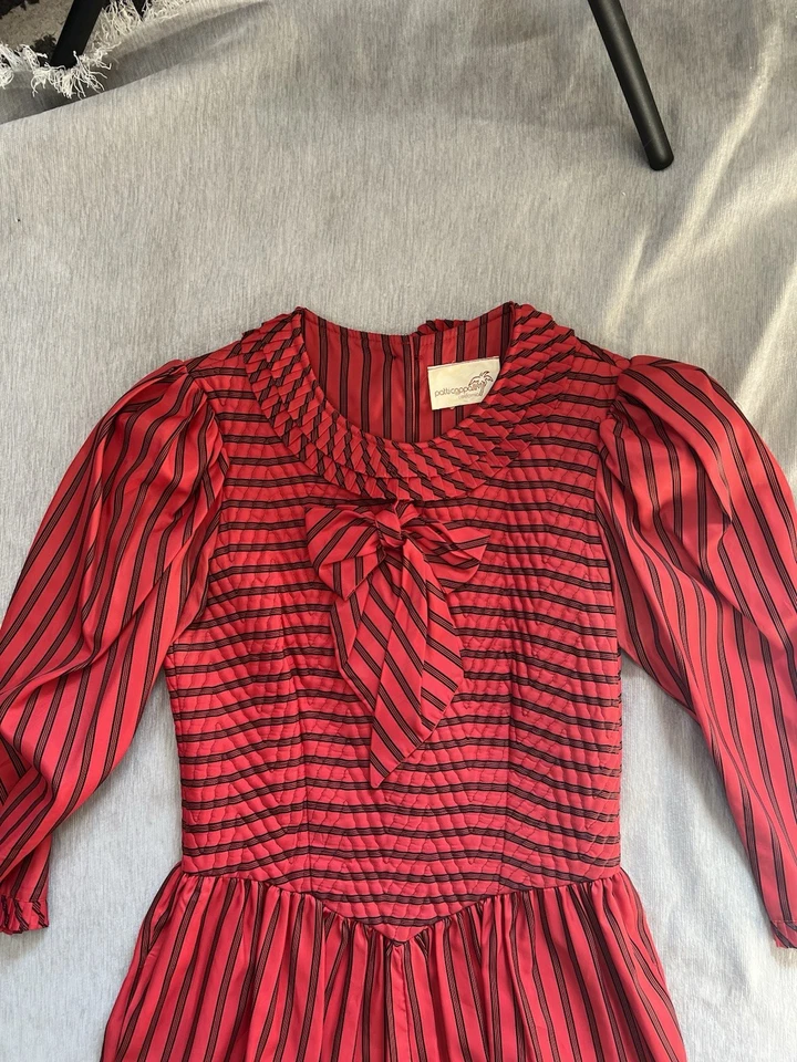 Винтажный Patti Cappalli красный черный в полоску комбинезон Puff рукав бант шеи со складками - Изображение 2 из 4