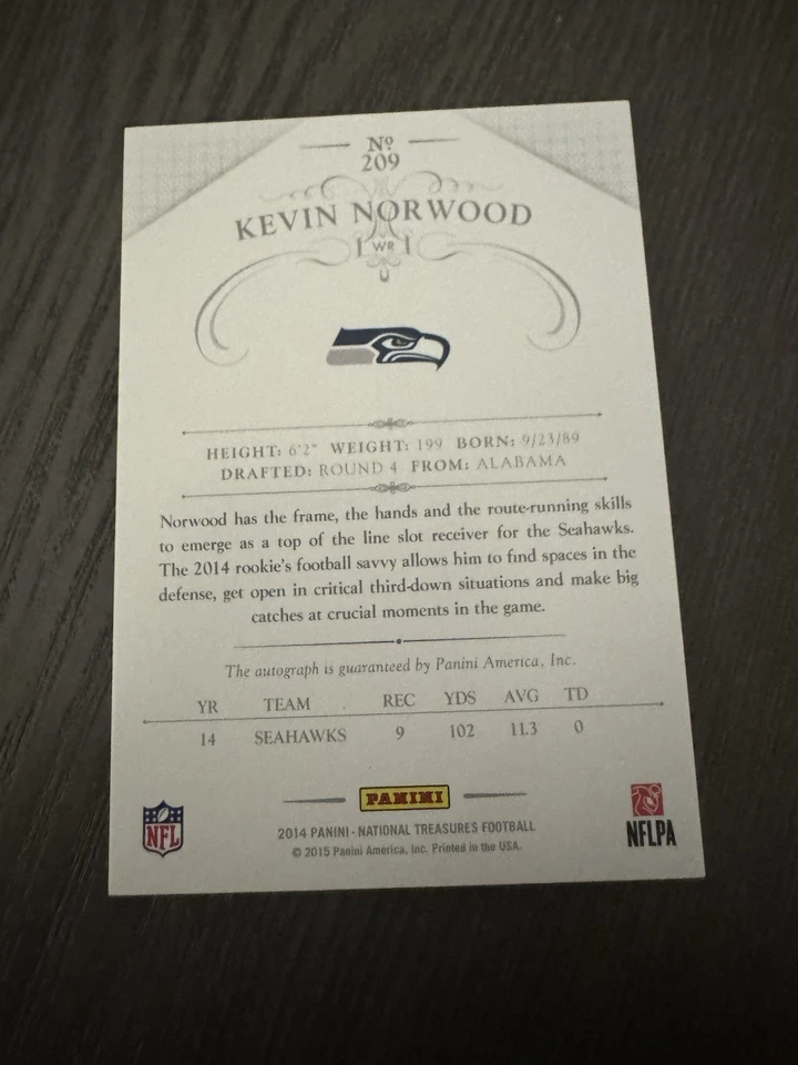 2014 Panini National Treasures Signatures /99 #209 KEVIN NORWOOD Auto Rookie RC - Image 2 of 4