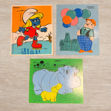 Lot of 3 Vintage 1980s Playskool Wooden Puzzles Smurfs, Balloon Man, Hippo