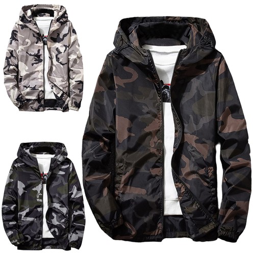 Mens Camouflage Zipper Pockets Coat Windproof Printed Hooded Jackets Long Sleeve - Picture 3 of 30